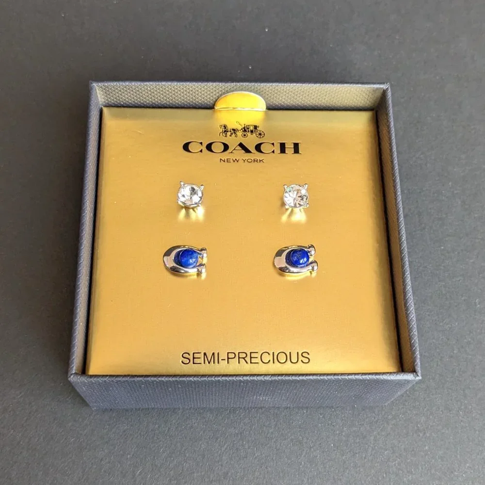 NWT COACH 376338 C-Stone Set of 2 Stud Earrings Lapis lazuli